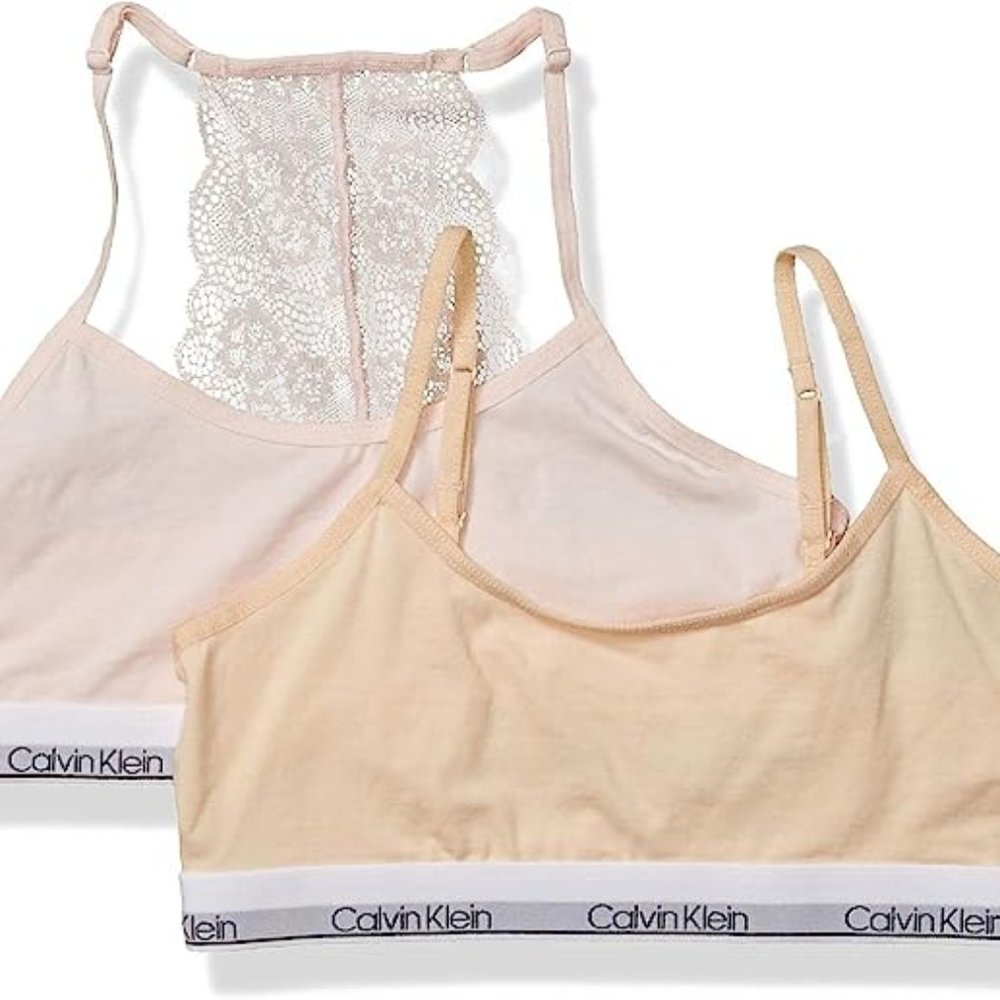 Calvin Klein 2 Pack Girls Pink Nude Small 6/6X Bralette NEW Lace Training Bra